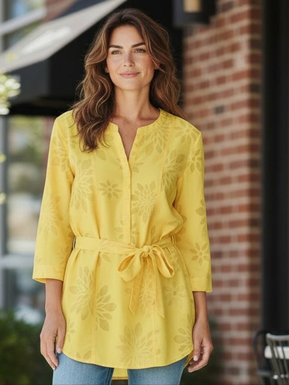 New York & Company Cotton Blend  Yellow Floral Tie-Waist Tunic